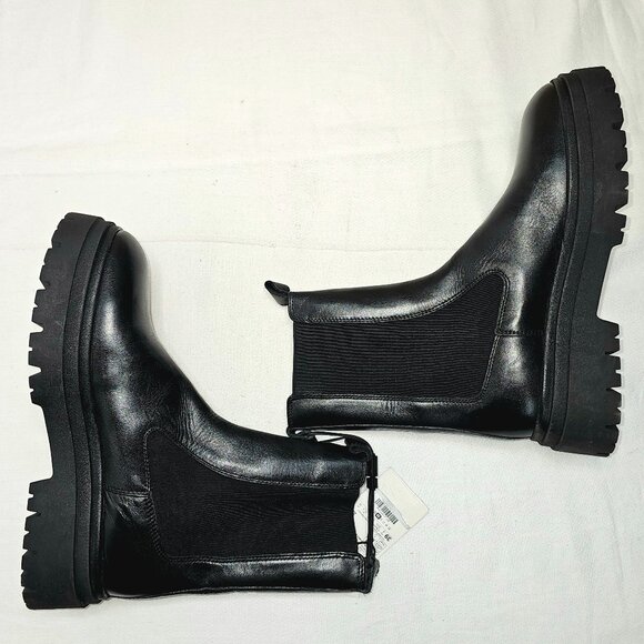 NEW Zara Z1B Chunky Black Leather Chelsea Pull On Boots Women's Size: 39 US 8 - Picture 7 of 11
